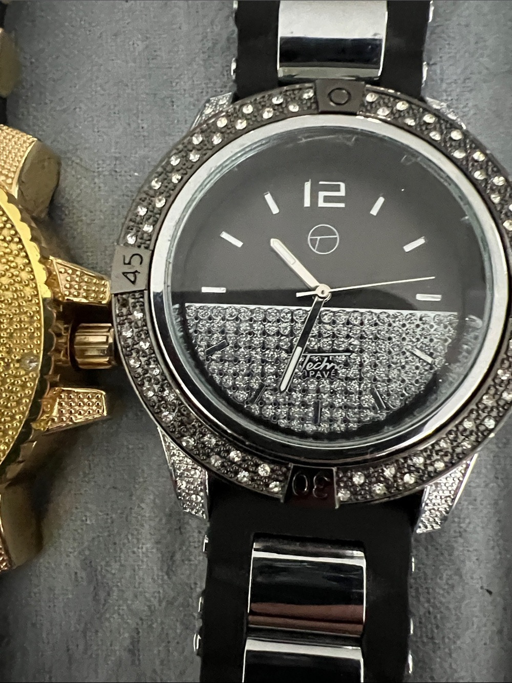 Men's Black and Silver Crystal Accent Watch